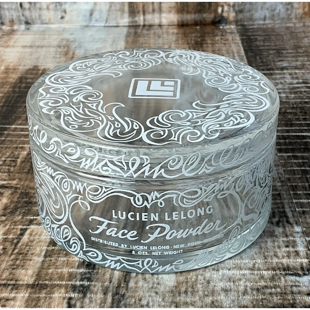 Vintage Lucien Lelong Face Powder Glass Jar Decorative Swirl Design 5oz
